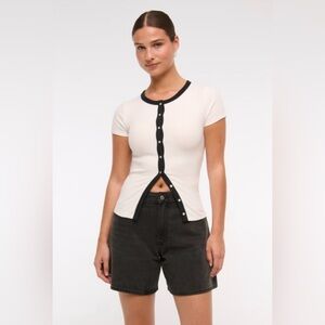 NWT Abercrombie Ribbed Cardigan Tee Contrast Trim Button Top White Black Size L